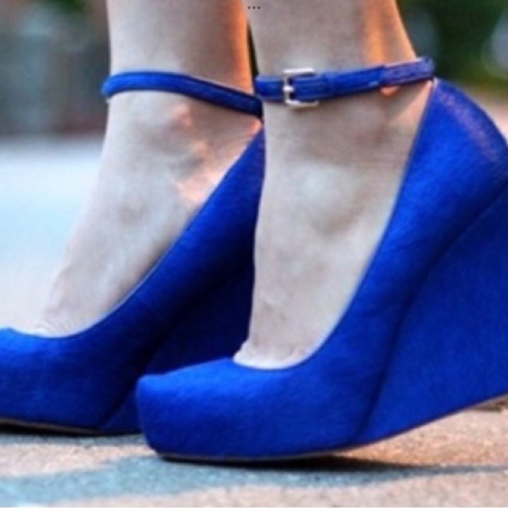 Ann Taylor cobalt blue-platform calf hair wedge heels with ankle buckle strap 7